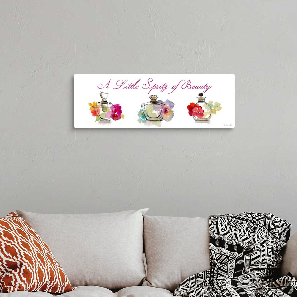 A bohemian room featuring Long watercolor painting of perfume bottles with flowers behind each and the phrase "A Little Spr...