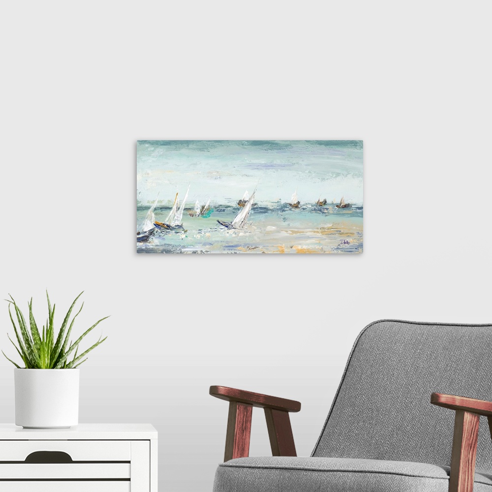 A modern room featuring Contemporary painting of several sailboats in the middle of the ocean with some rough waves and v...