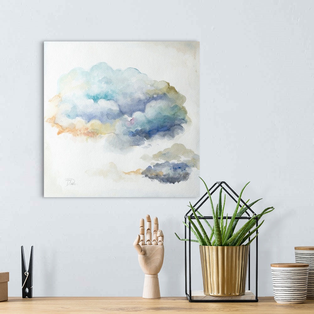 A bohemian room featuring A contemporary watercolor painting of fluffy clouds with cool hues.