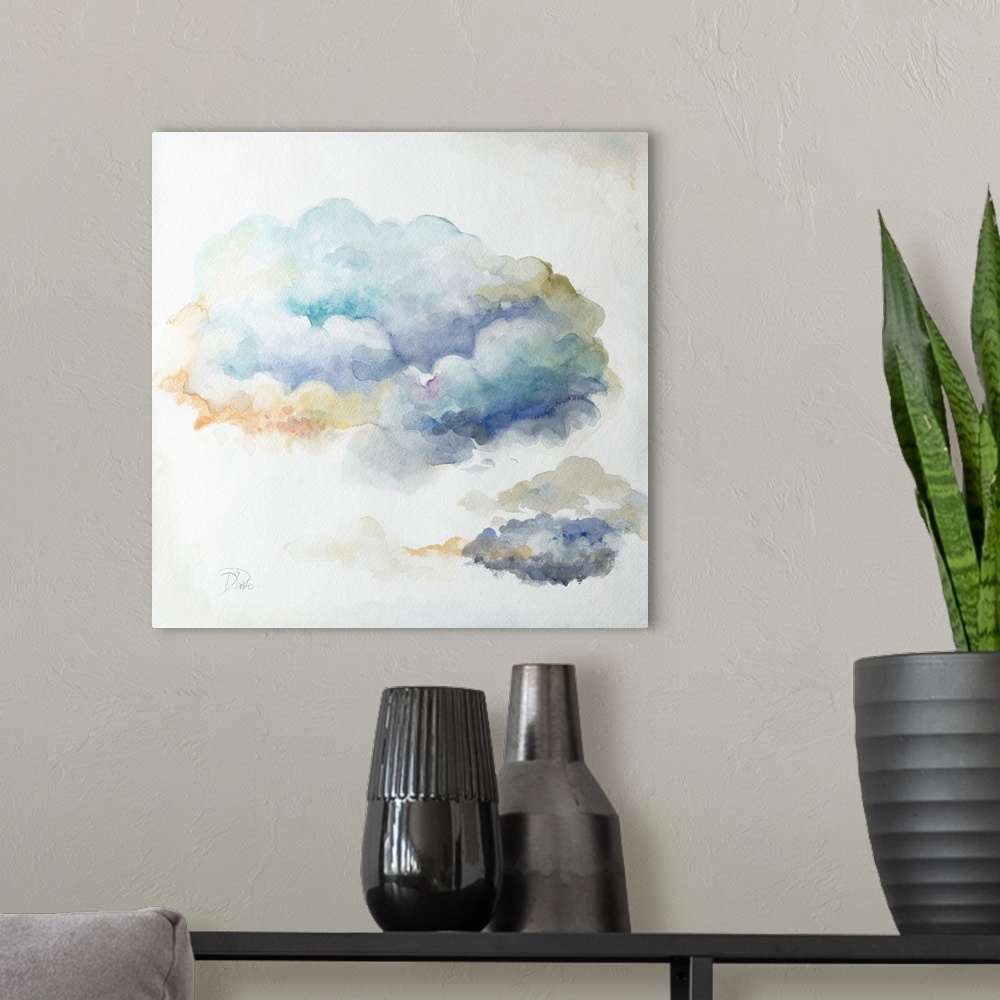 A modern room featuring A contemporary watercolor painting of fluffy clouds with cool hues.