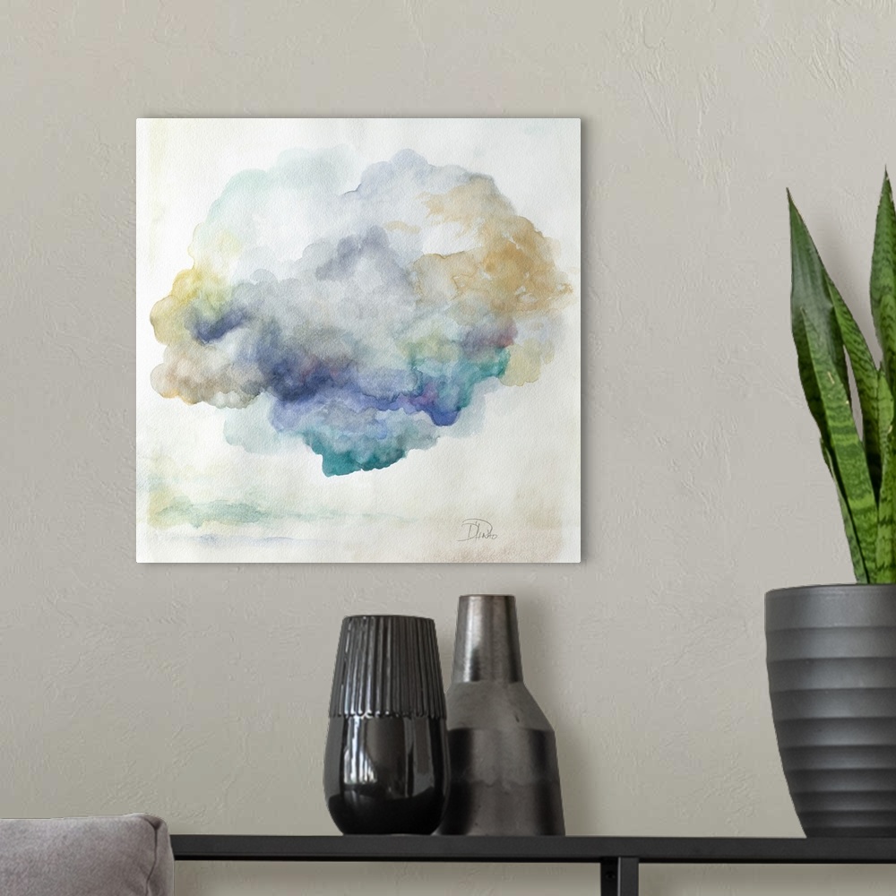 A modern room featuring A contemporary watercolor painting of fluffy clouds with cool hues.