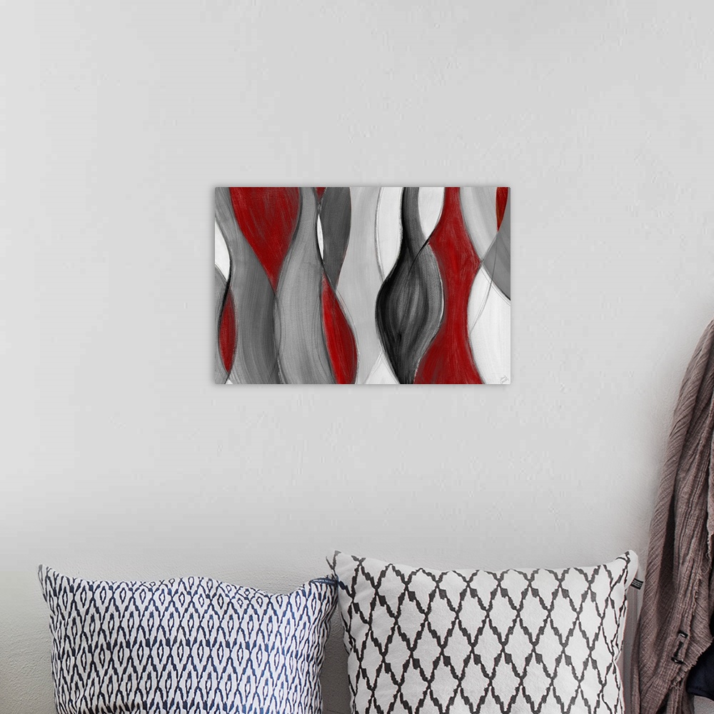 A bohemian room featuring Horizontal abstract painting of swirling, vertical curves.