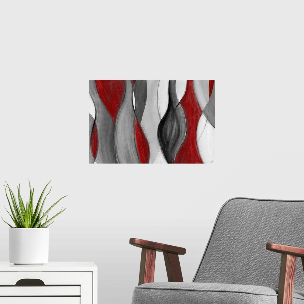 A modern room featuring Horizontal abstract painting of swirling, vertical curves.