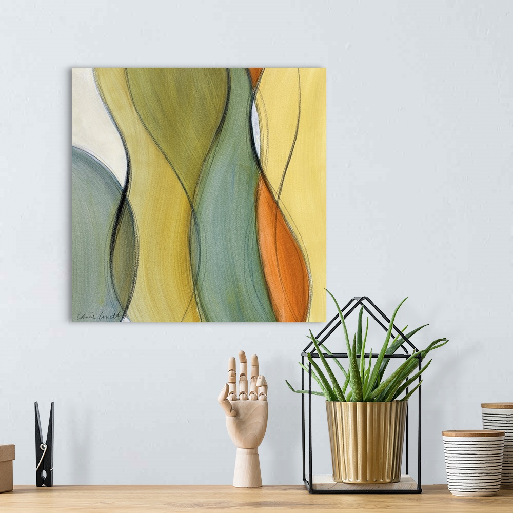 A bohemian room featuring Contemporary abstract painting of wavy intersecting lines.  The shapes created by the intersectin...
