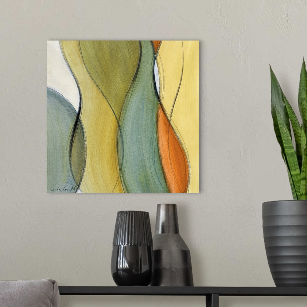 A modern room featuring Contemporary abstract painting of wavy intersecting lines.  The shapes created by the intersectin...