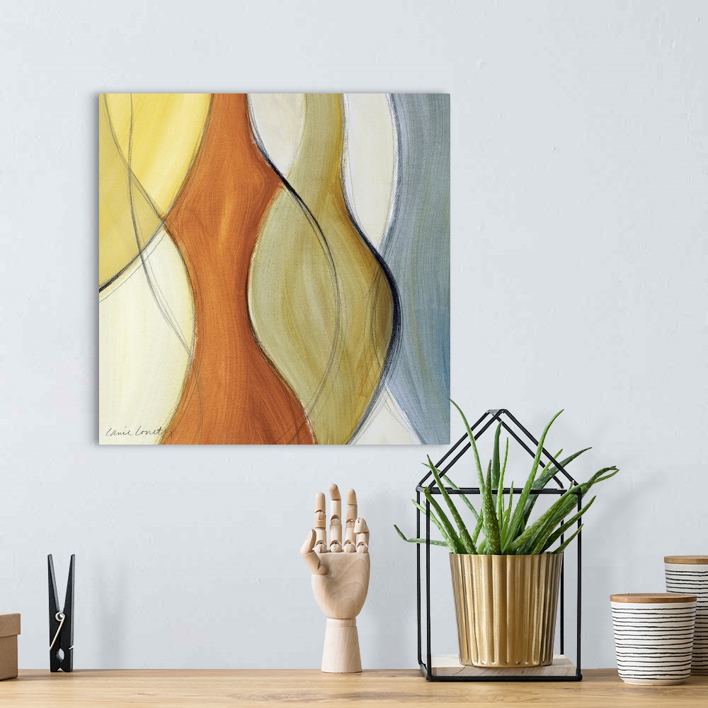 A bohemian room featuring Abstract artwork of different curves of color intertwining throughout the print. The colors are m...