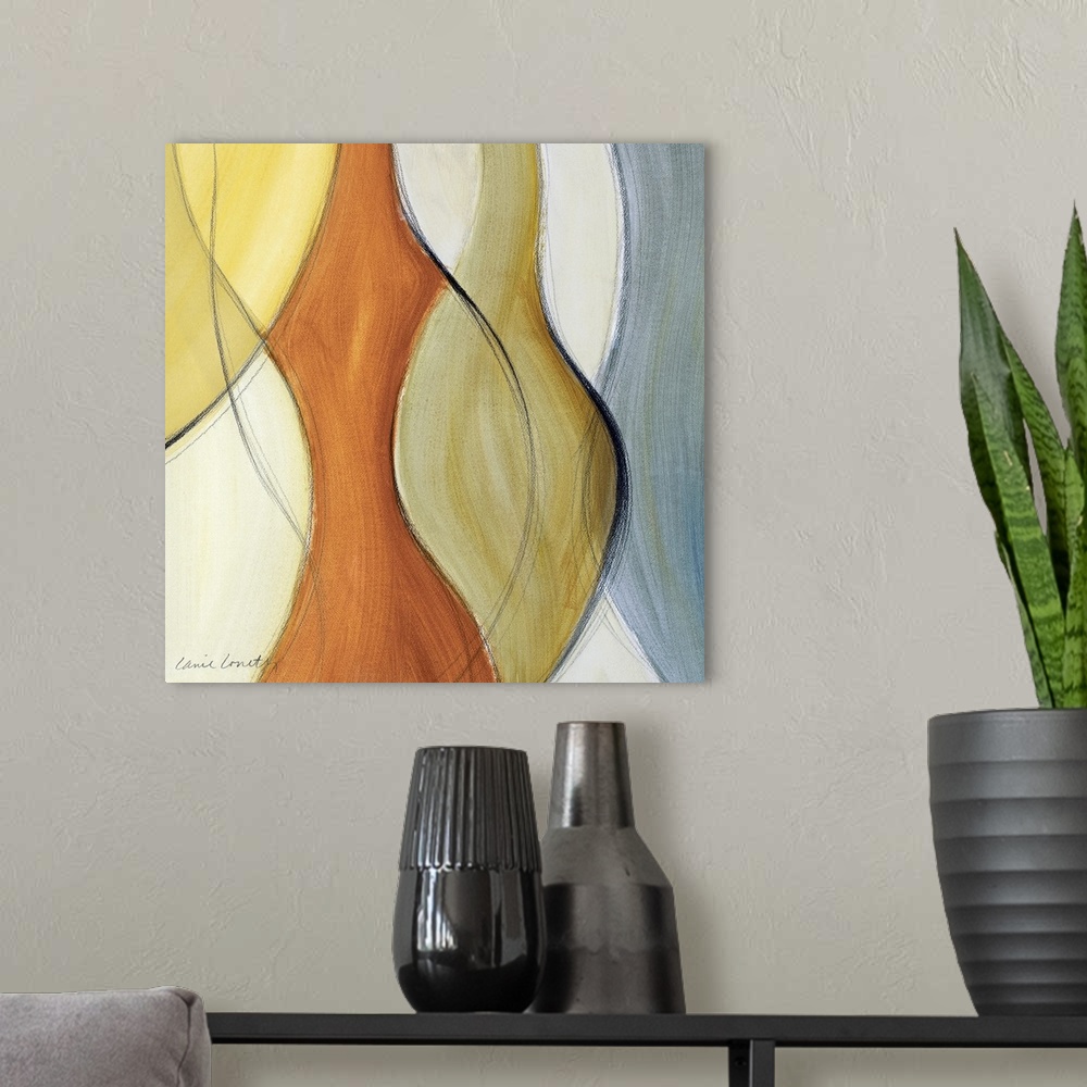 A modern room featuring Abstract artwork of different curves of color intertwining throughout the print. The colors are m...
