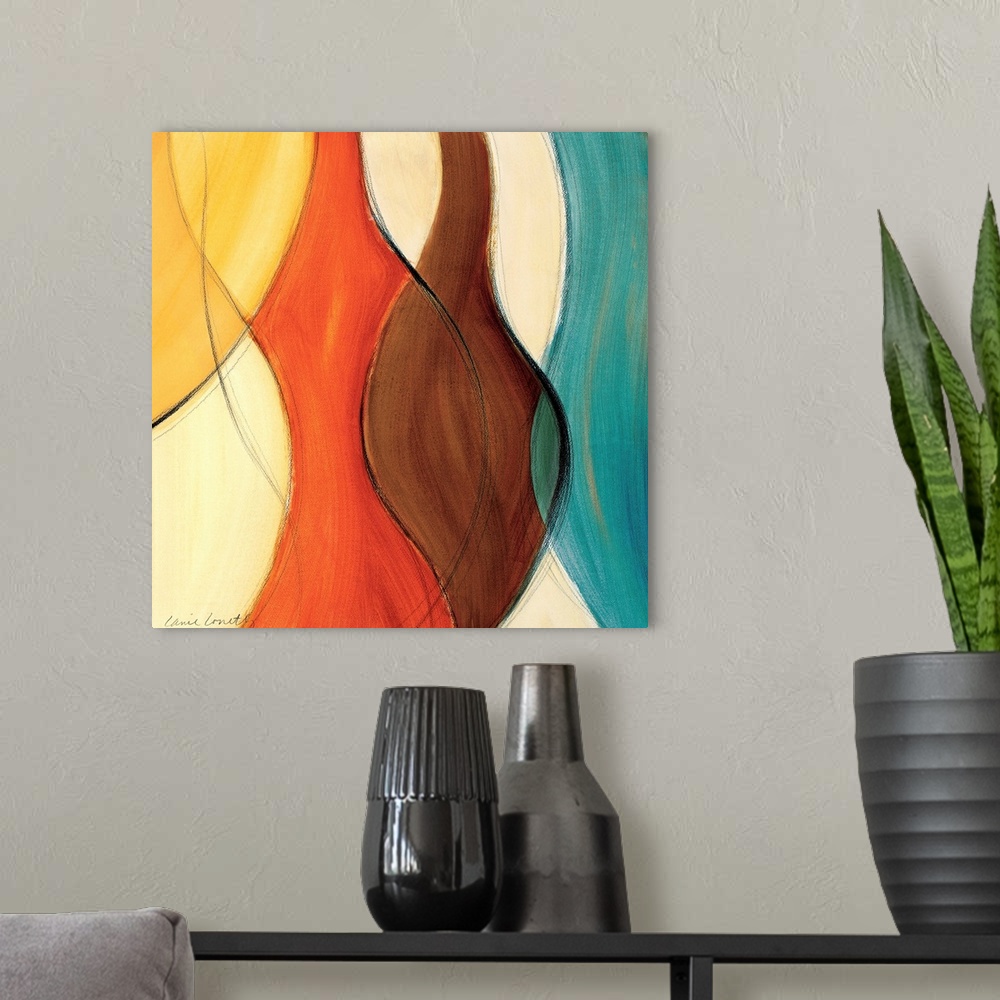 A modern room featuring Coalescence II (brown/yellow/teal)