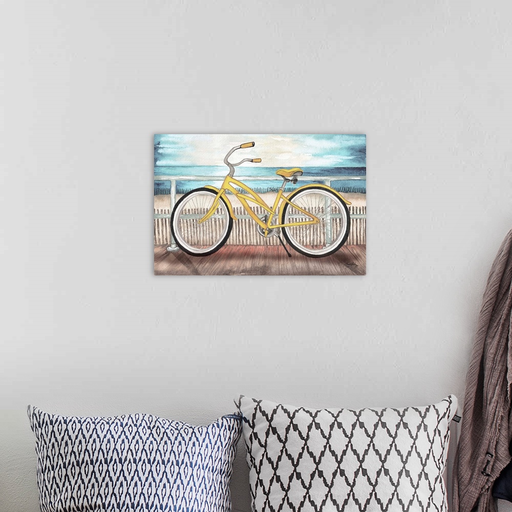 A bohemian room featuring An illustrated yellow bike rests against railing with a calm sea in the background of this contem...
