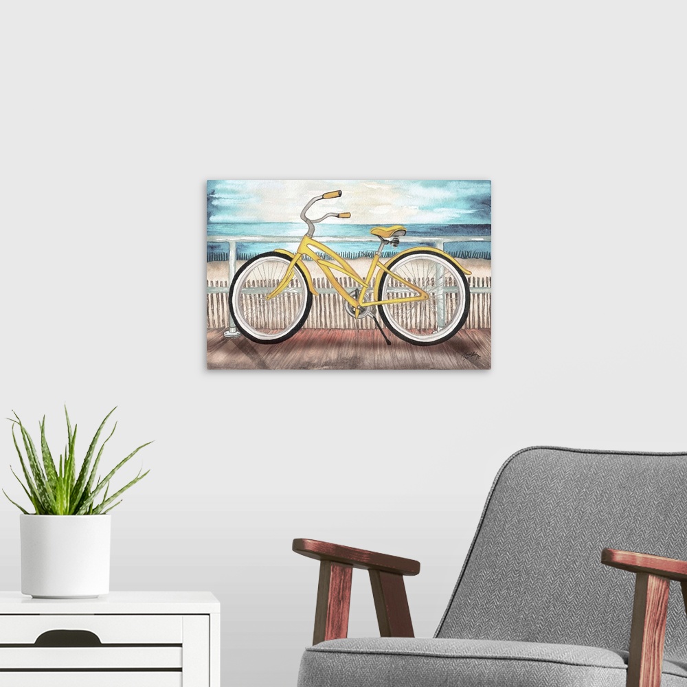 A modern room featuring An illustrated yellow bike rests against railing with a calm sea in the background of this contem...