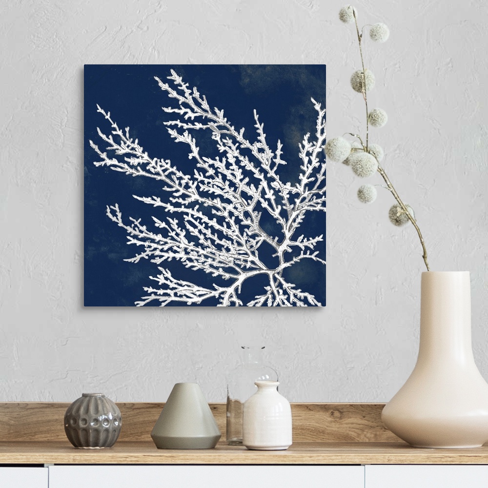 A farmhouse room featuring A drawing of coral over a dark ink washes in this square decorative wall art.