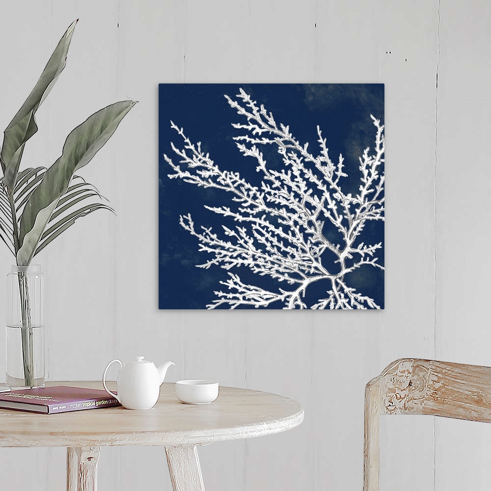 A farmhouse room featuring A drawing of coral over a dark ink washes in this square decorative wall art.