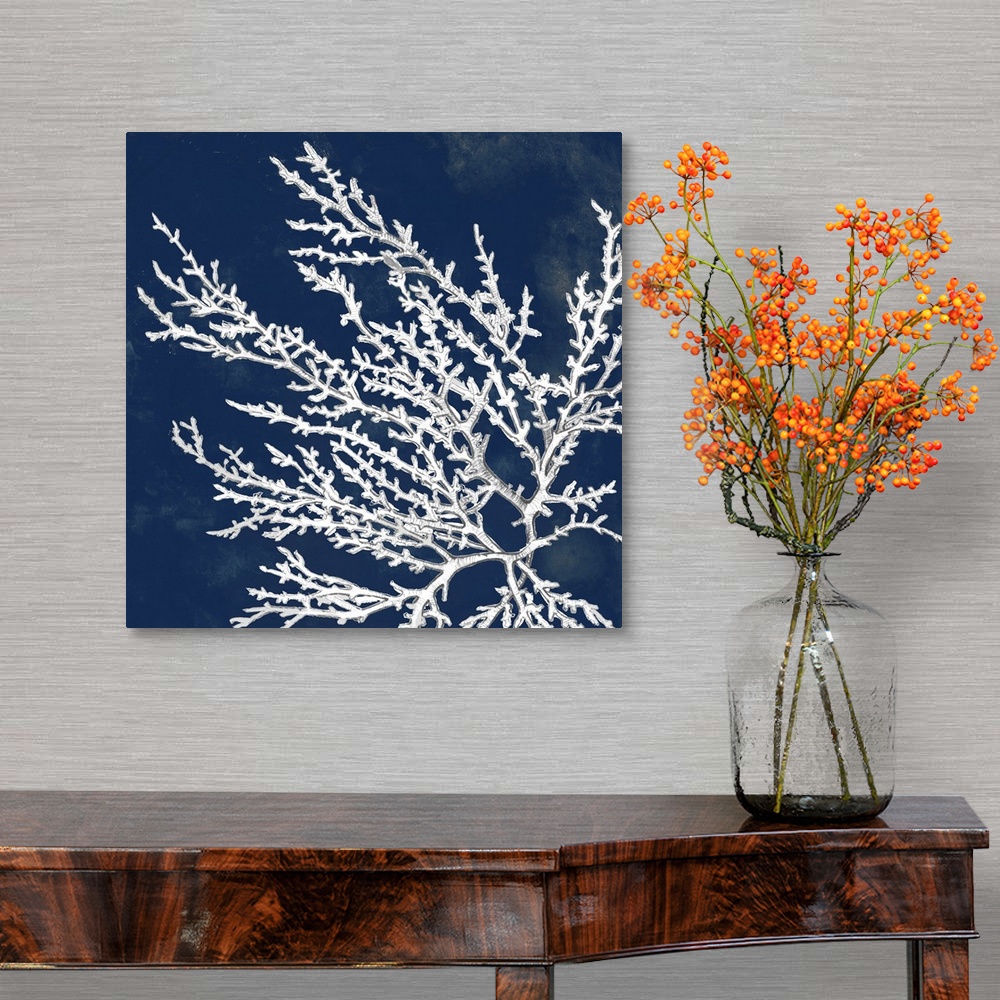 A traditional room featuring A drawing of coral over a dark ink washes in this square decorative wall art.