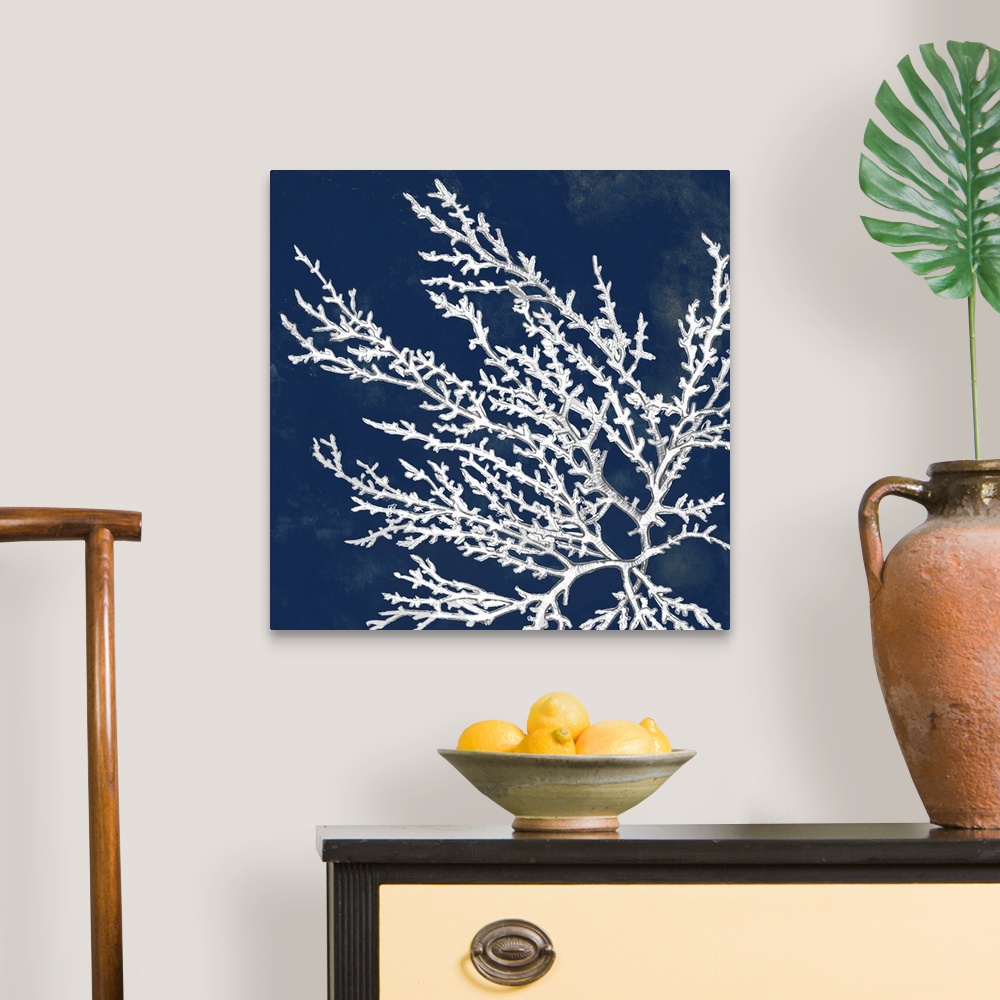 A traditional room featuring A drawing of coral over a dark ink washes in this square decorative wall art.