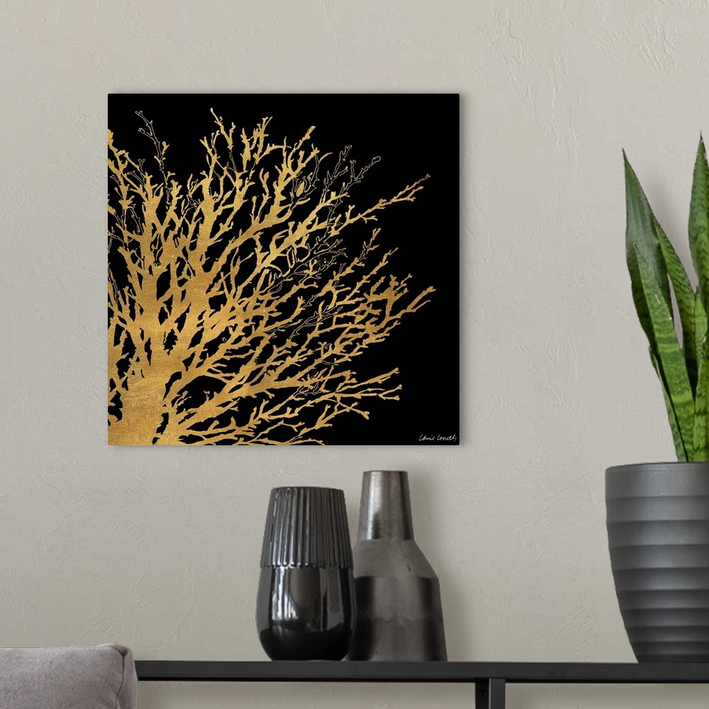 A modern room featuring Decorative artwork of a coral silhouette against a black background.