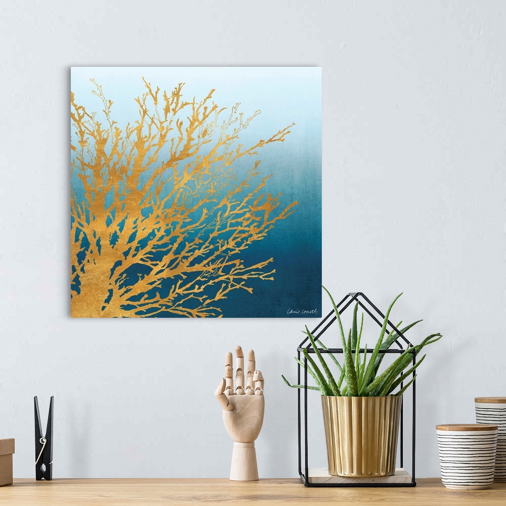 A bohemian room featuring Decorative artwork of a coral silhouette against a gradient.