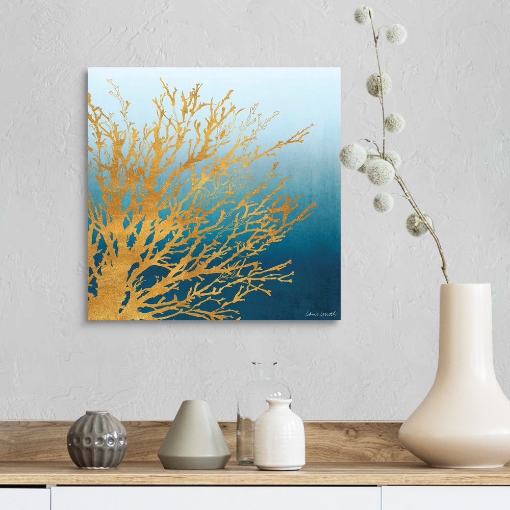 A farmhouse room featuring Decorative artwork of a coral silhouette against a gradient.