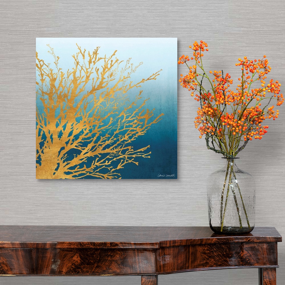 A traditional room featuring Decorative artwork of a coral silhouette against a gradient.