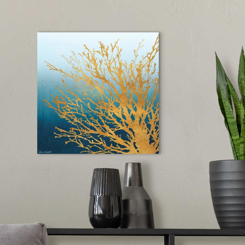 A modern room featuring Decorative artwork of a coral silhouette against a gradient.