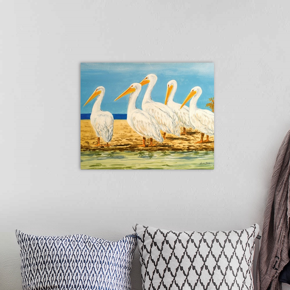 A bohemian room featuring Contemporary painting of a group of pelicans standing on a beach.