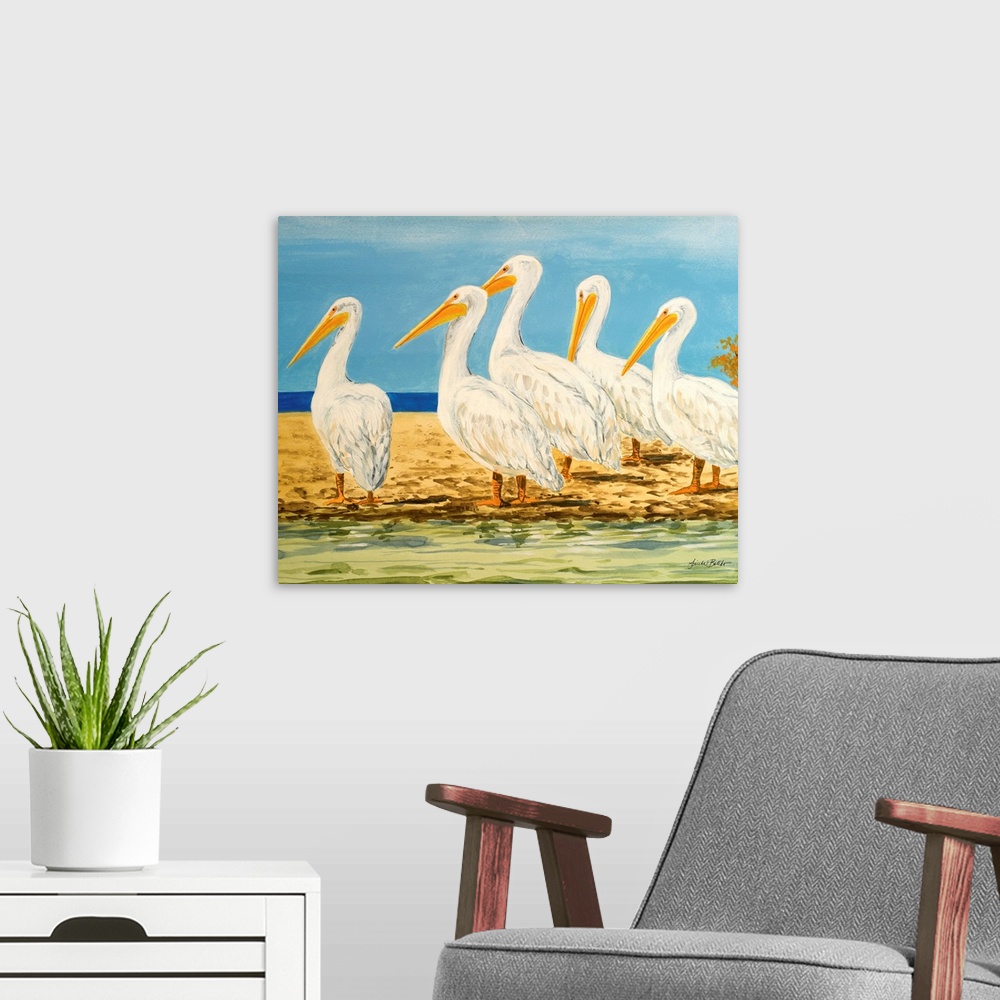 A modern room featuring Contemporary painting of a group of pelicans standing on a beach.