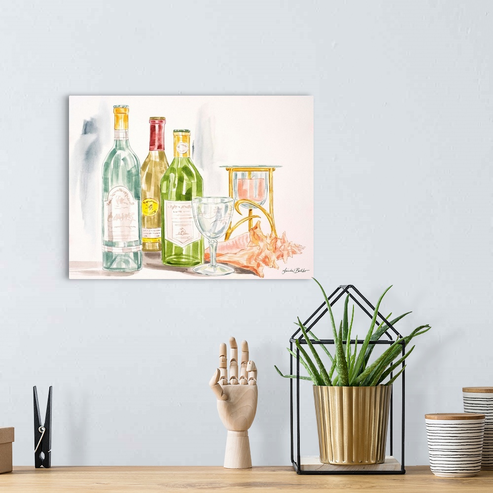A bohemian room featuring Watercolor painting of wine bottles with candles and a conch shell.