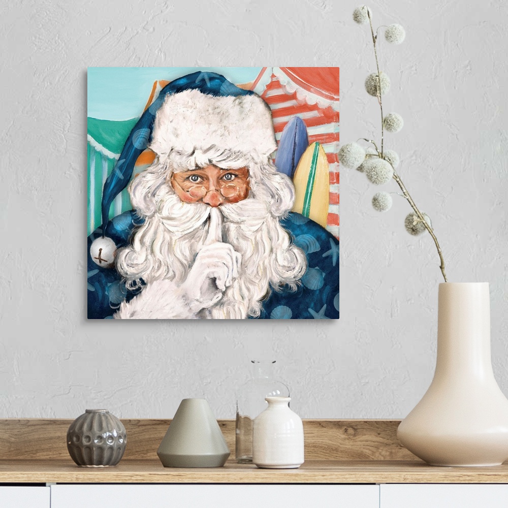 A farmhouse room featuring Painting of Santa Claus dressed in blue on the beach.