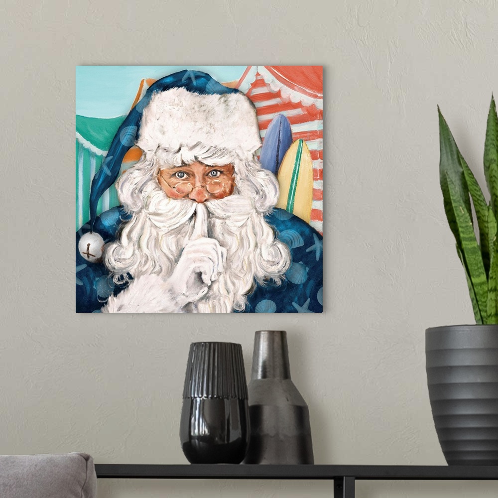A modern room featuring Painting of Santa Claus dressed in blue on the beach.