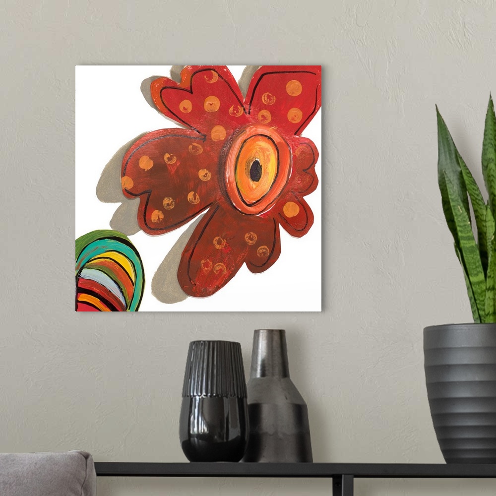 A modern room featuring A colorful abstract painting of flowers.