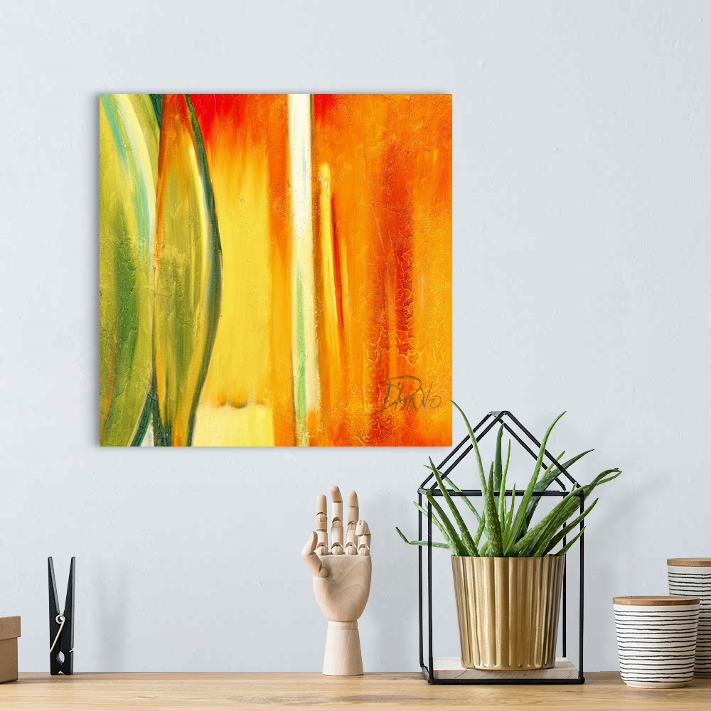 A bohemian room featuring Big, square abstract painting in warm and golden tones of vertical streaks and curved shapes in t...