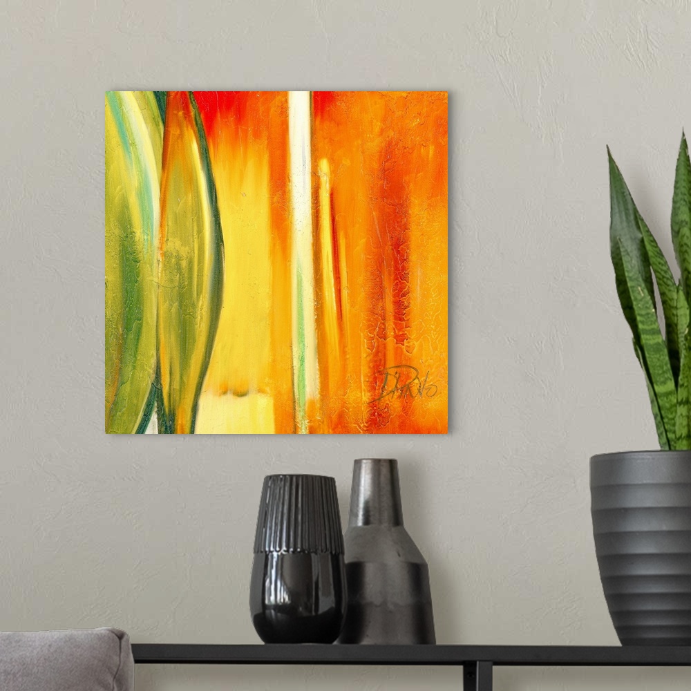 A modern room featuring Big, square abstract painting in warm and golden tones of vertical streaks and curved shapes in t...