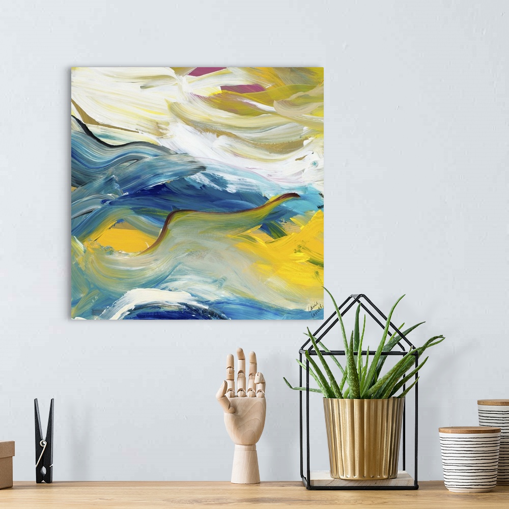 A bohemian room featuring Contemporary abstract artwork in flowing yellow and blue tones.