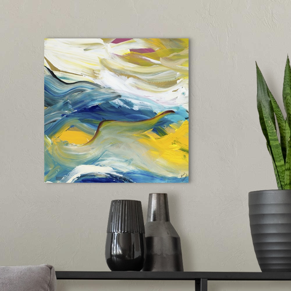 A modern room featuring Contemporary abstract artwork in flowing yellow and blue tones.
