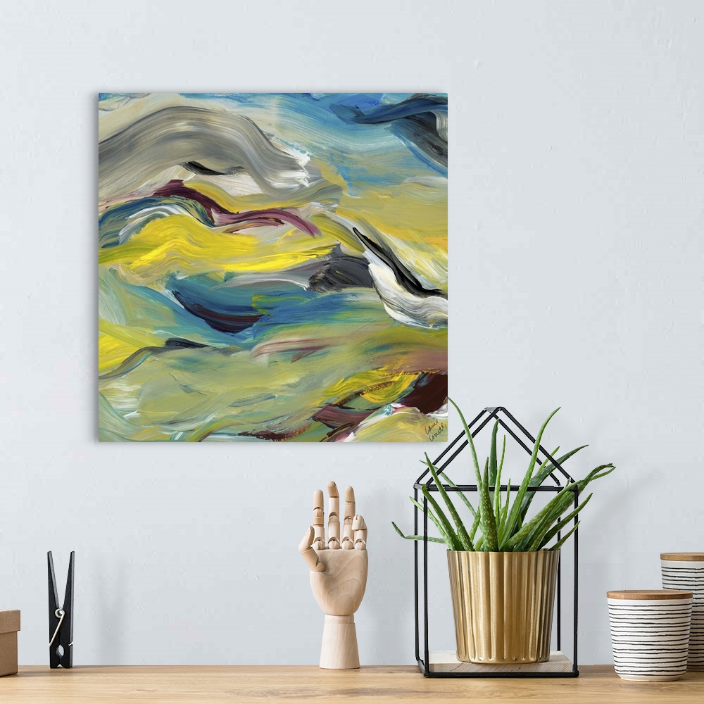 A bohemian room featuring Contemporary abstract artwork in flowing yellow, grey, and blue tones.
