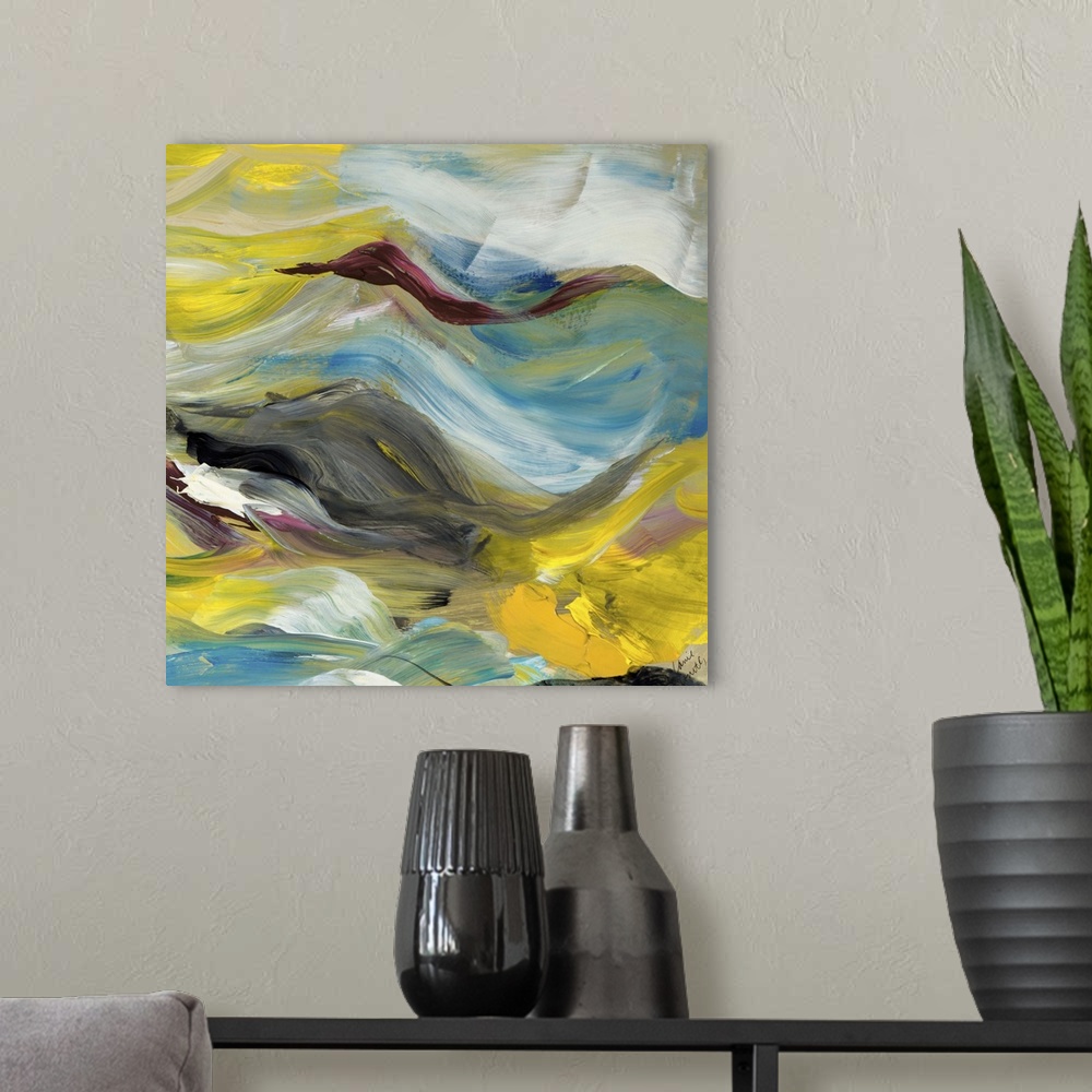 A modern room featuring Contemporary abstract artwork in flowing yellow, grey, and blue tones.