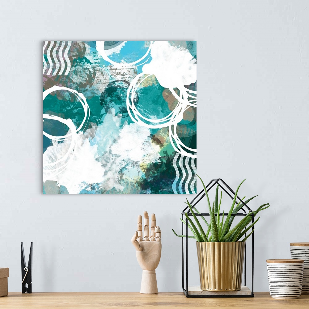 A bohemian room featuring An abstract painting with shades of blue, white circles, playful designs, and faint handwritten t...