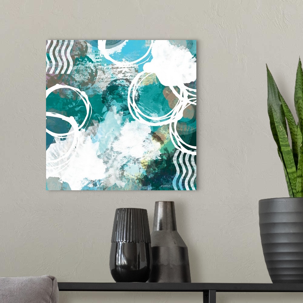 A modern room featuring An abstract painting with shades of blue, white circles, playful designs, and faint handwritten t...