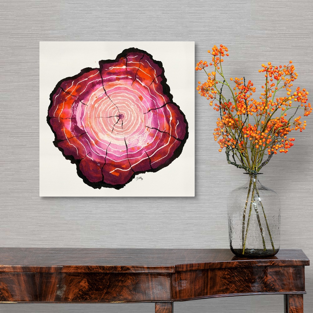 A traditional room featuring Square watercolor painting of a tree trunk in shades of pink with white tree rings.