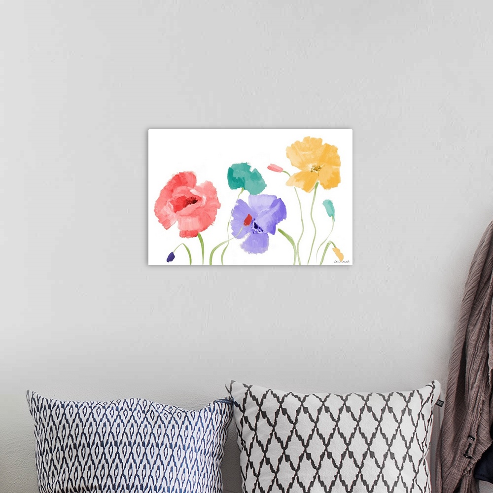 A bohemian room featuring Contemporary painting of a pink, teal, purple, and yellow flower and flower buds with long green ...