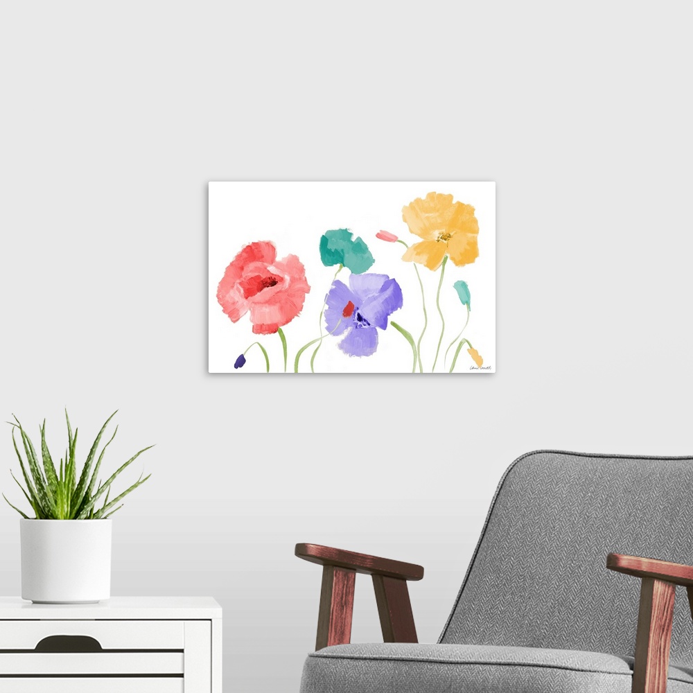 A modern room featuring Contemporary painting of a pink, teal, purple, and yellow flower and flower buds with long green ...