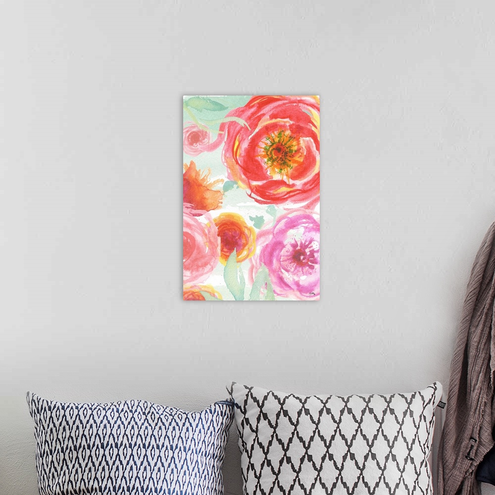 A bohemian room featuring Watercolor painting of pink and red roses with hints of yellow on a white and green background.
