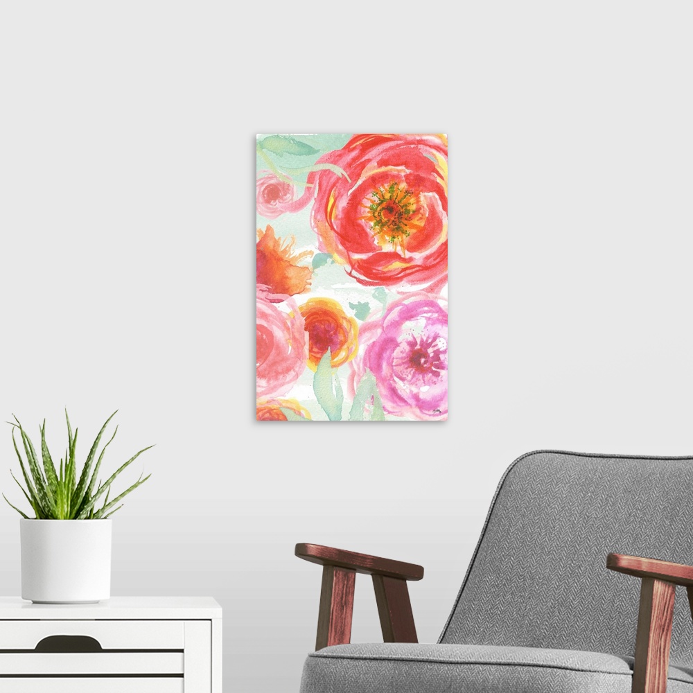 A modern room featuring Watercolor painting of pink and red roses with hints of yellow on a white and green background.