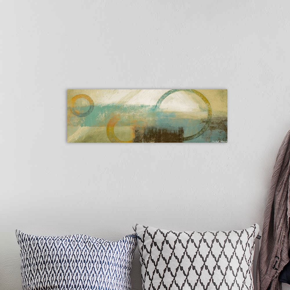 A bohemian room featuring Acrylic on masonite interpretive artwork of a sunrise with large and small circular designs inter...