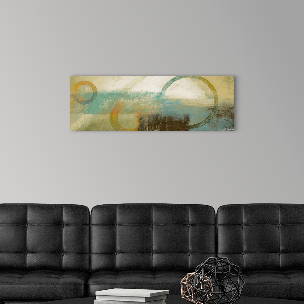 A modern room featuring Acrylic on masonite interpretive artwork of a sunrise with large and small circular designs inter...