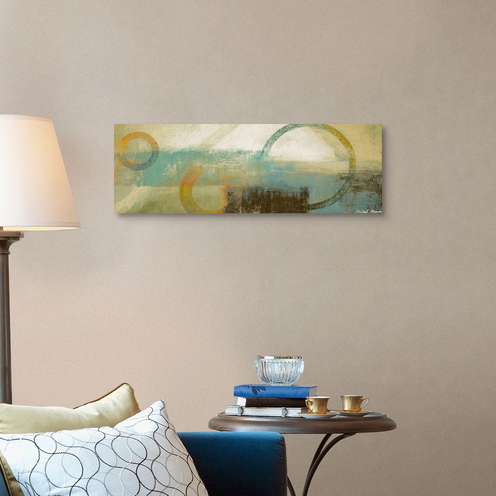 A traditional room featuring Acrylic on masonite interpretive artwork of a sunrise with large and small circular designs inter...