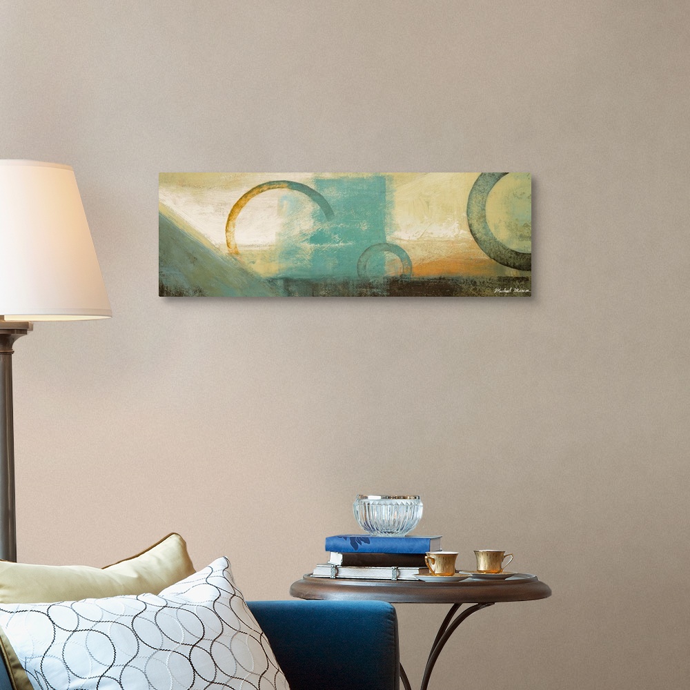 A traditional room featuring Panoramic abstract artwork that uses blocks of colors and rings of different sizes over those blo...