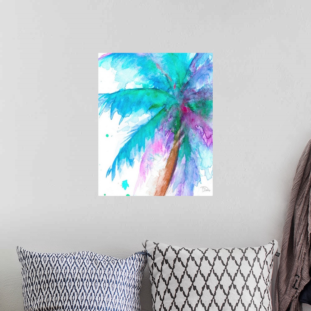 A bohemian room featuring Watercolor painting of a big palm tree with green, blue, and purple branches on a white background.