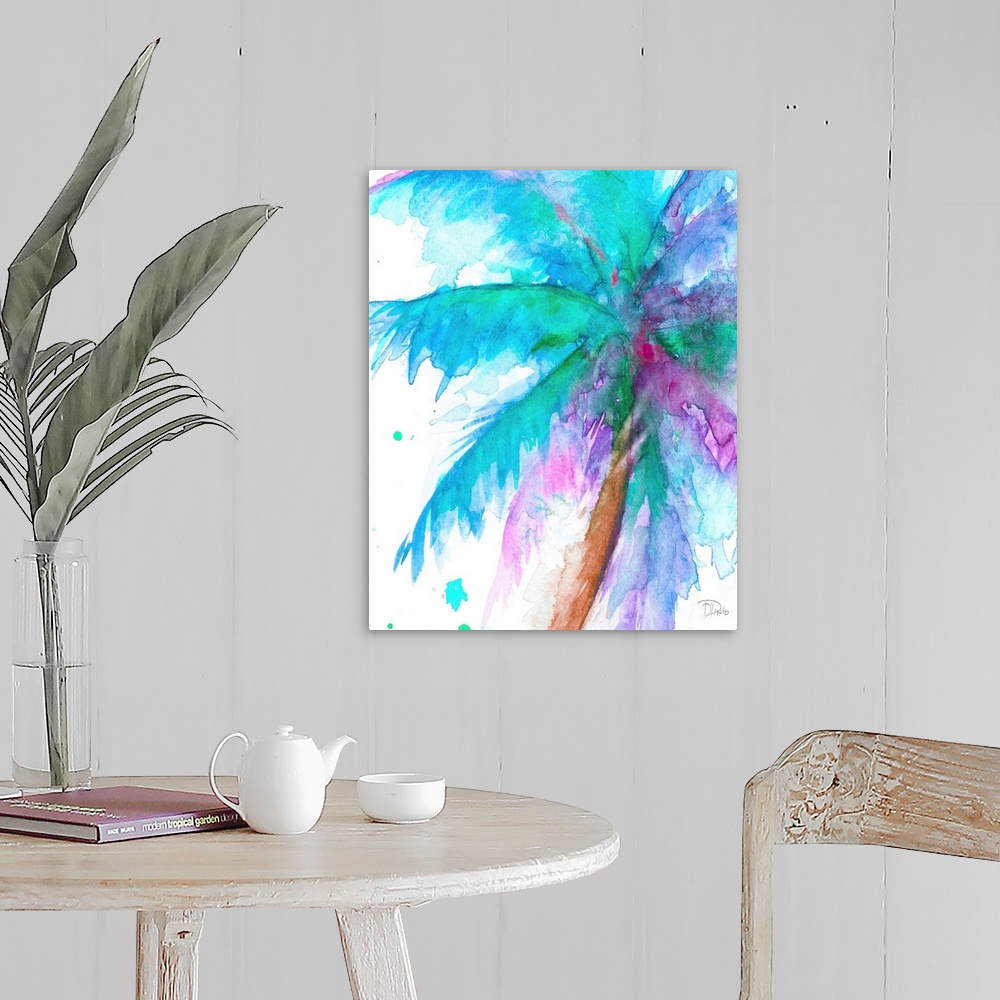 A farmhouse room featuring Watercolor painting of a big palm tree with green, blue, and purple branches on a white background.