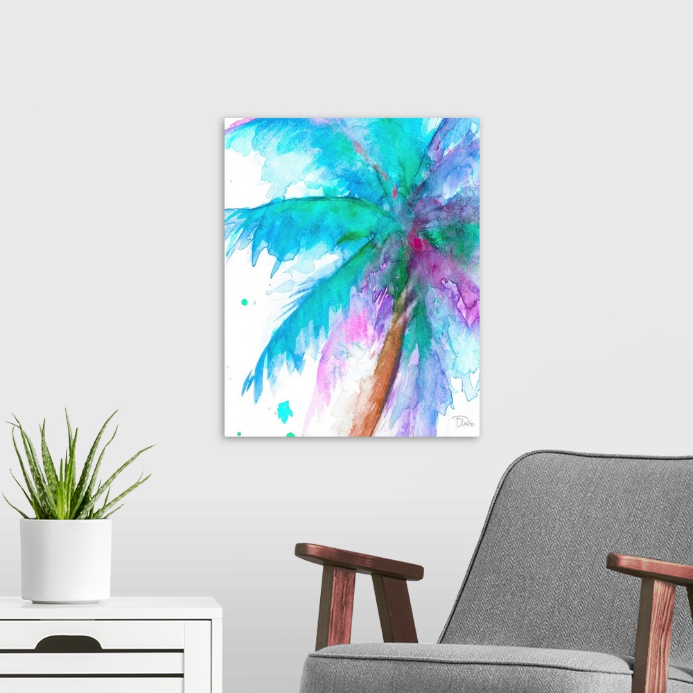 A modern room featuring Watercolor painting of a big palm tree with green, blue, and purple branches on a white background.