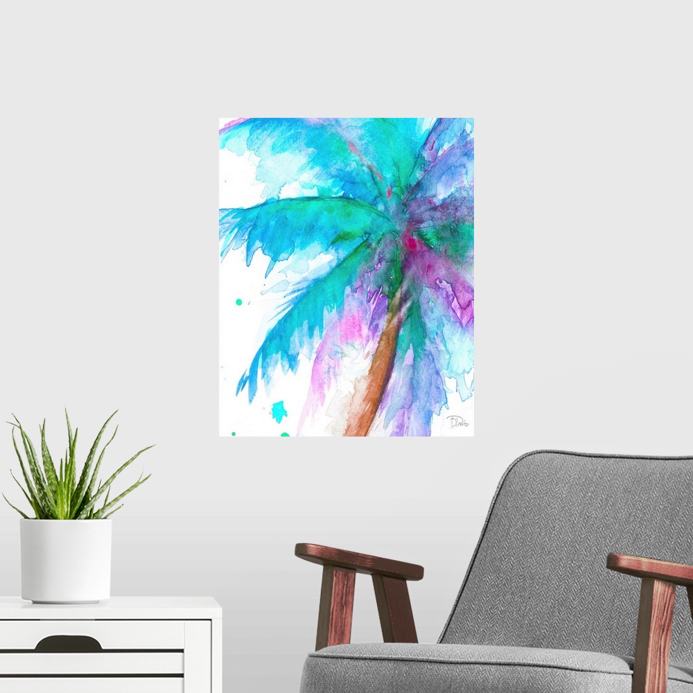 A modern room featuring Watercolor painting of a big palm tree with green, blue, and purple branches on a white background.